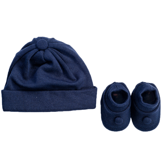 Kit Tricot  01 Par De Sapato E 01 Touca Azul Marinho Tricô Tricart Baby RN