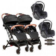 Carrinho De Bebê Sprint Gêmeos Preto Com Conector e Bebê Conforto Kiddo