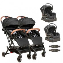 Carrinho De Bebê Sprint Gêmeos Preto Com Conector e Bebê Conforto e Base Kiddo