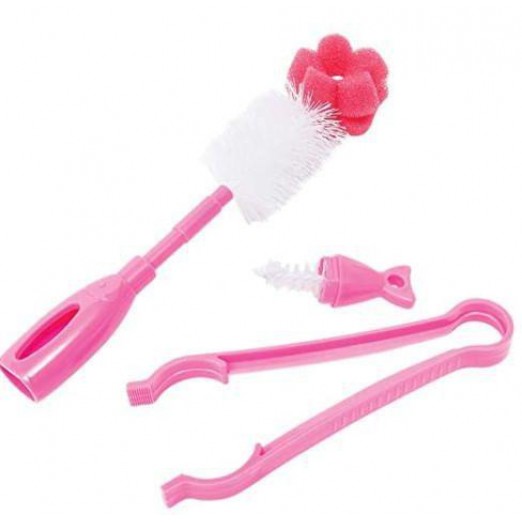 Kit escova e pinça para mamadeira rosa para higienização