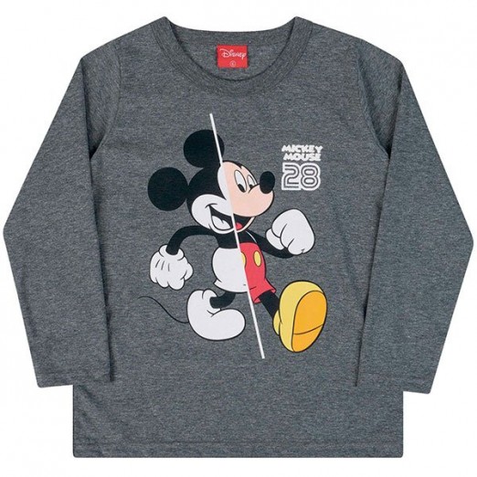 Camiseta Infantil Para Menino Cinza Mickey Em Algodão Kamylus Tam 04 Anos