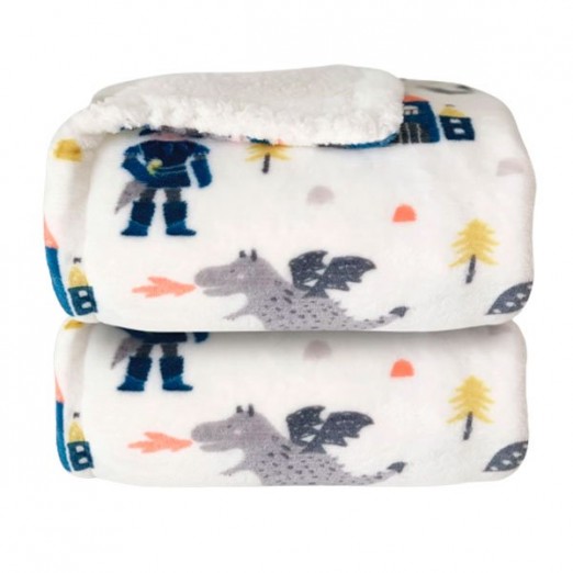Cobertor Infantil Plush Para Menino Cavaleiro Branco Com Sherpa Laço Bebe