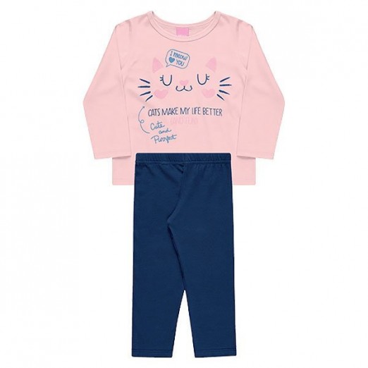 Conjunto Infantil Feminino Maxi Coton Tamanho 1 Ano Rosa Com Azul Marinho Kamylus