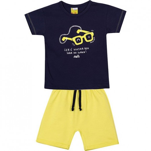 Conjunto Infantil Para Menino Camisa E Bermuda Fluorescente Amarelo e Azul Marinho Jacalelé Tam 04 Anos