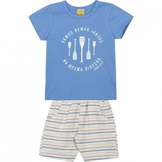 Conjunto Infantil Para Menino Camisa E Bermuda Listrada Cinza e Azul Jacalelé Tam 06 Anos