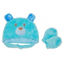 Kit Infantil Gorro e Luvas em Micro Fibra Urso Azul Baby Joy Funny