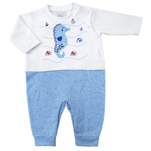 Macacão De Bebê Para Menino De Algodão Branco e Azul Cavalo Marinho Baby Fashion Tam RN