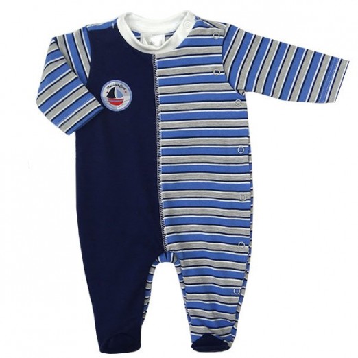 Macacão De Bebê Para Menino De Algodão Azul Listrado Barco Baby Fashion Tam RN
