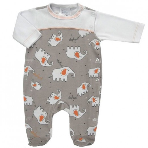 Macacão De Bebê Para Menino De Algodão Branco e Cinza Elefante Baby Fashion Tam RN