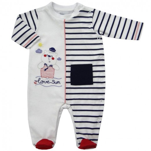 Macacão De Bebê Para Menino De Algodão Branco Listrado Barco Baby Fashion Tam RN