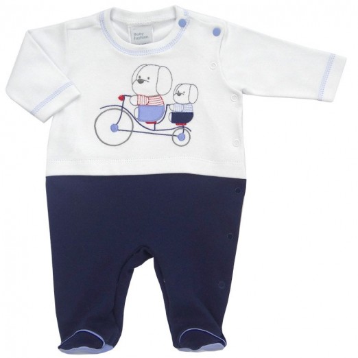 Macacão De Bebê Para Menino De Algodão Branco e Azul Marinho Cachorro Bicicleta Baby Fashion Tam RN