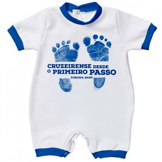 Macacão Bebê Curto Cruzeiro Primeiros Passos Branco e Azul Com Botões Nas Pernas Torcida Baby Tam G