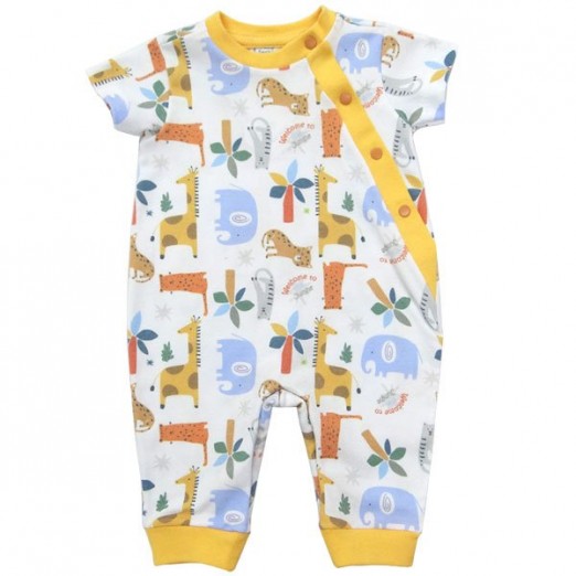 Macacão De Bebê Para Menino De Algodão Branco e Amarelo Safari Baby Fashion Tam RN