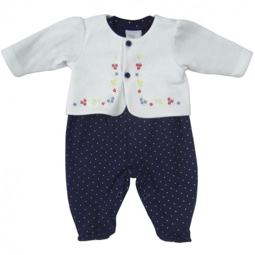 Macacão De Bebê Para Menina De Algodão Azul Marinho Poá e Bolero Branco Baby Fashion Tam RN