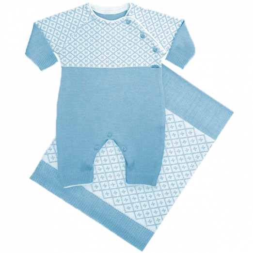 Saída Maternidade Infantil Manta e Macacão Body Azul Com Branco Tamanho RN 100% Acrilico Tricart Baby