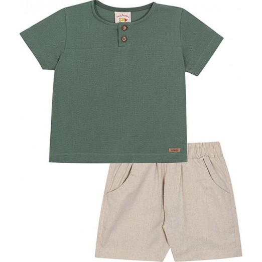 Conjunto Infantil Masculino Camiseta e Bermuda Masculino Verde/Bege 1 Ano Nini e Bambini