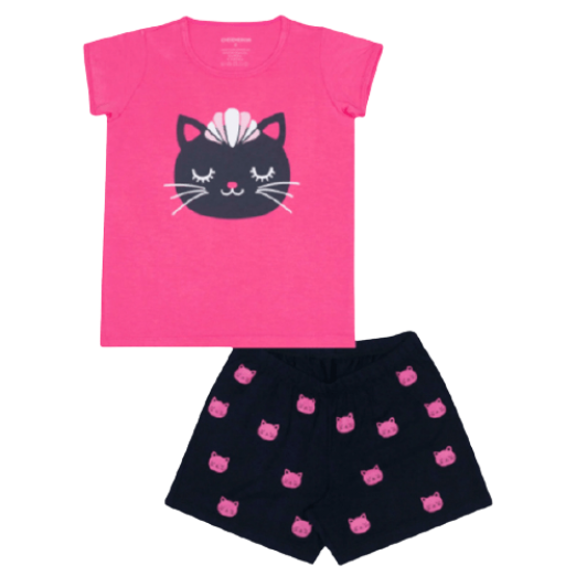Pijama Curto Infantil Feminino 4 Anos Pink Gato Dedeka